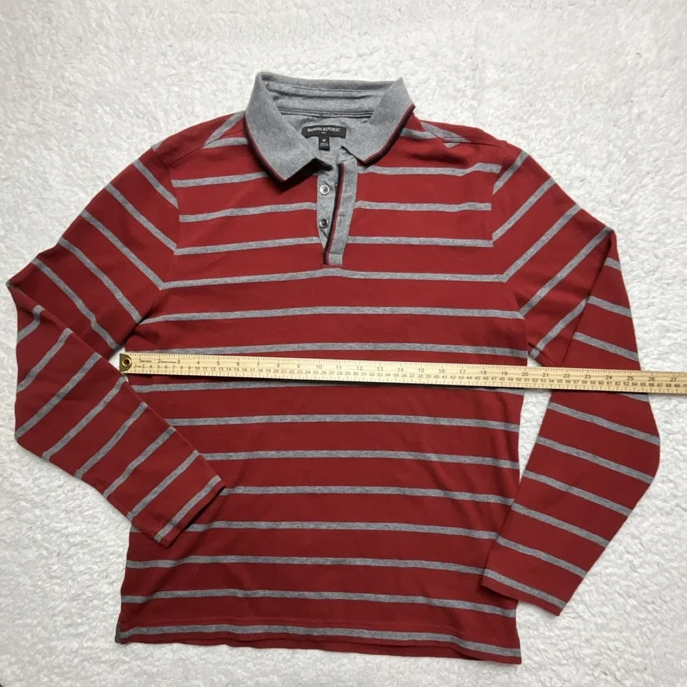 Banana Republic Men's Striped Polo Shirt Red Gray M Long Sleeve Collared Button